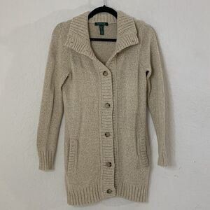 Lauren Ralph Lauren Cardigan Sweater XS Chunky Knit Cotton Rabbit Quiet Luxury